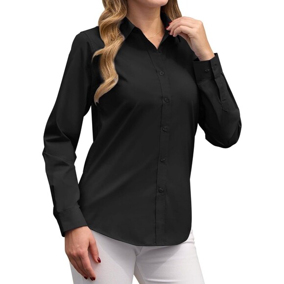 Siliteelon Luxury Women's Sz Large Black Long Sleeve Button Up Dress Shirt - Picture 1 of 13